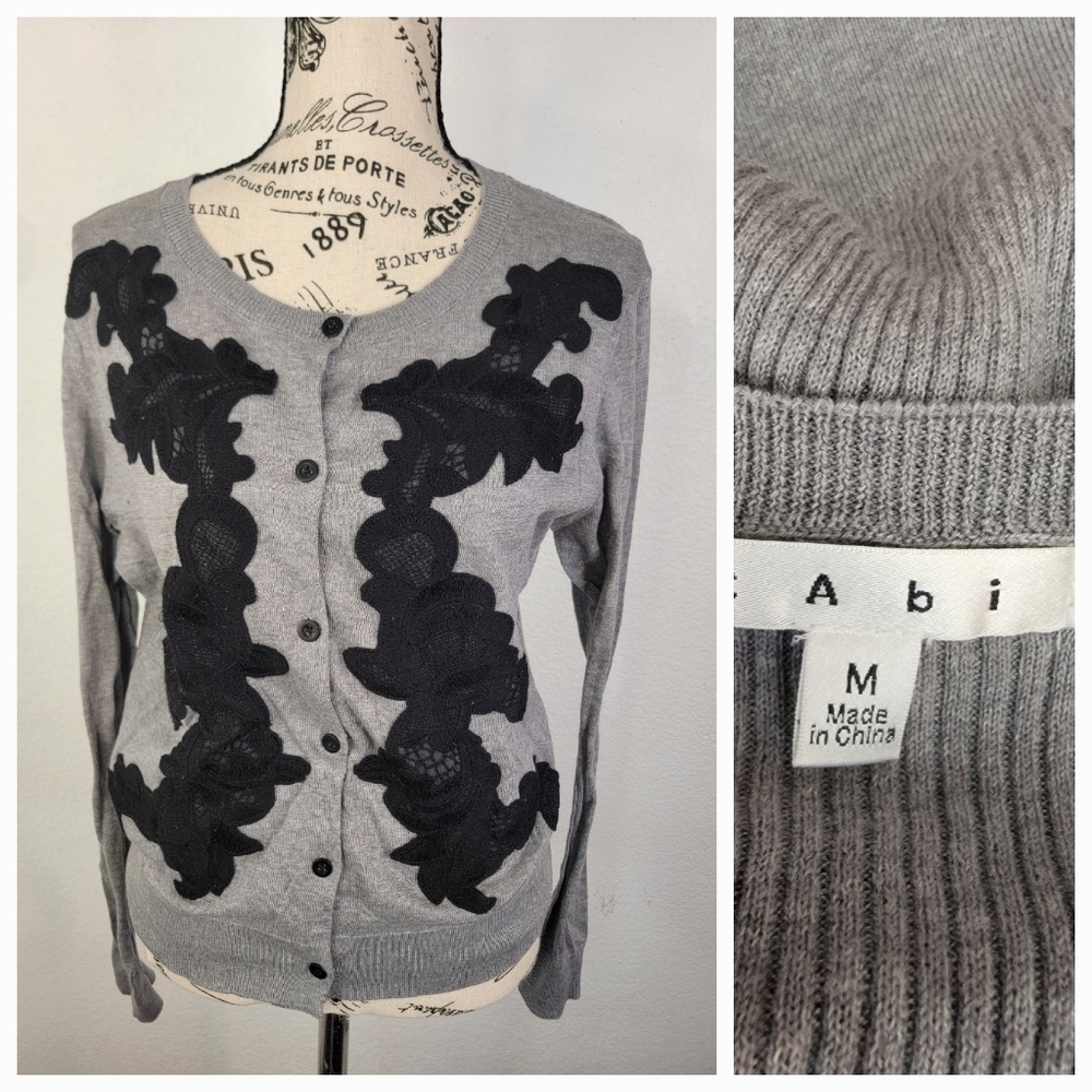 Cabi Cardigan Sweater Medium Lace Applique Button Up Gray Style #100